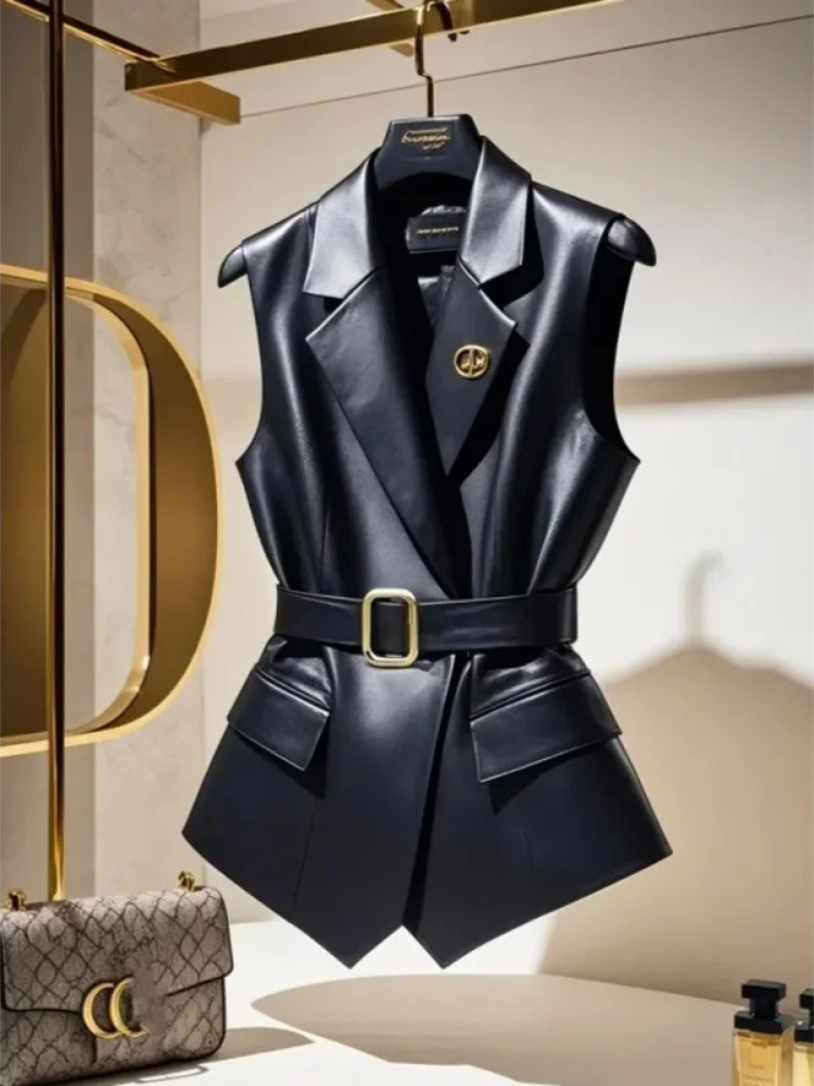 Addison Elegant Two-Tone Sleeveless Belted Blazer