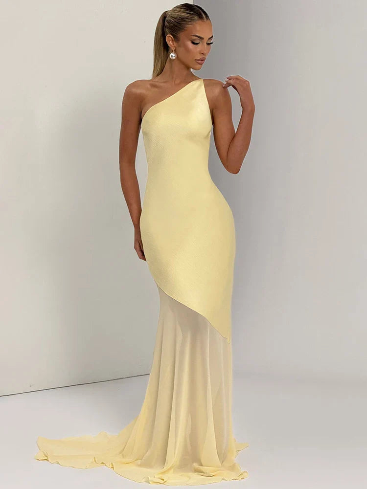 Maddy One-Shoulder Yellow Evening Gown with Sheer Hem
