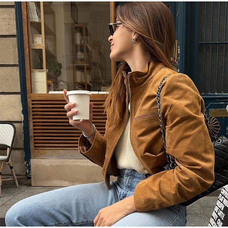 VelvaCore™ Faux Suede Cropped Jacket – Soft Retro Streetwear