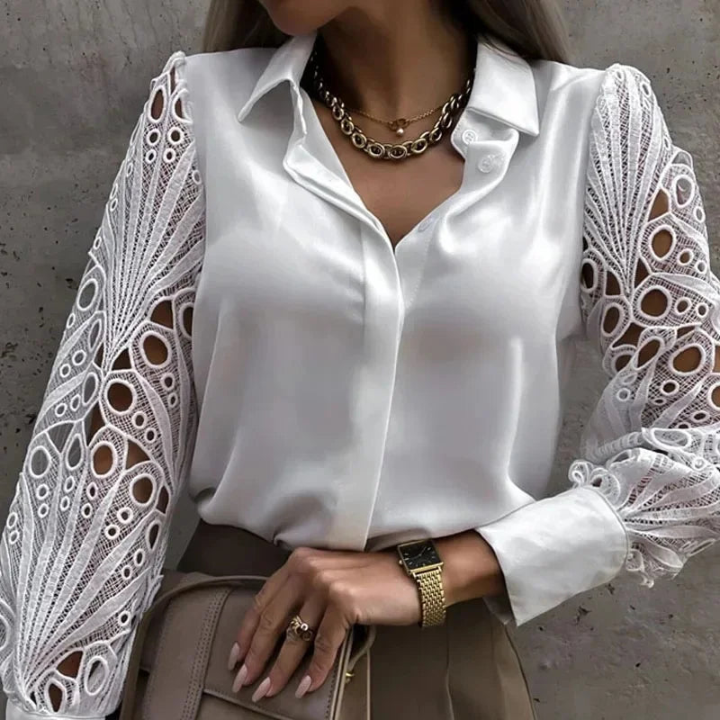 Beth Satin Blouse with Lace Statement Sleeves