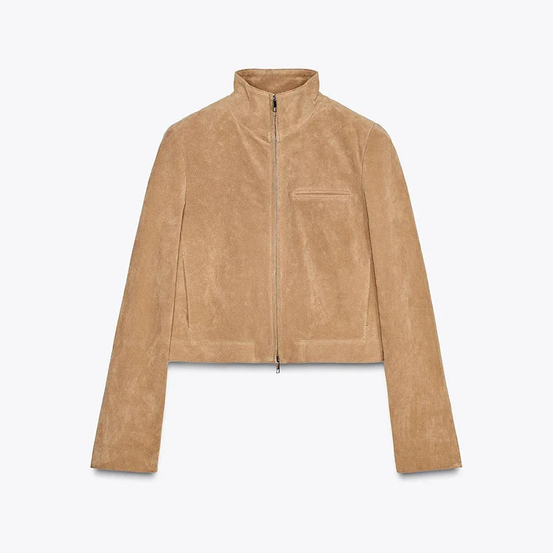 VelvaCore™ Faux Suede Cropped Jacket – Soft Retro Streetwear