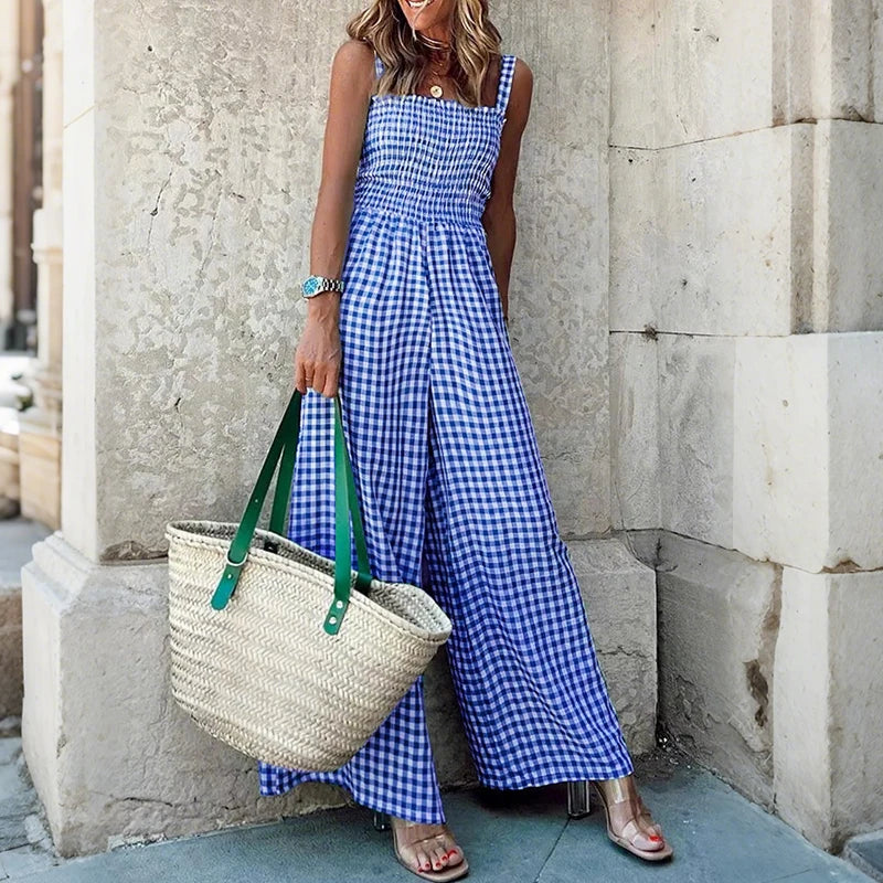 Gingham Smocked Wide-Leg Jumpsuit