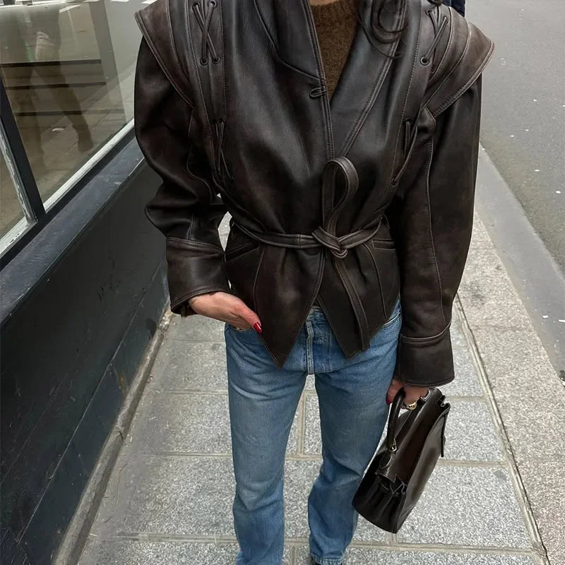 Gisele Cinch-Waist Leather Statement Jacket
