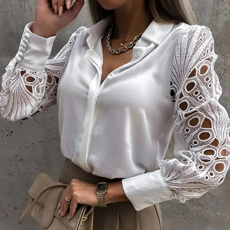 Beth Satin Blouse with Lace Statement Sleeves