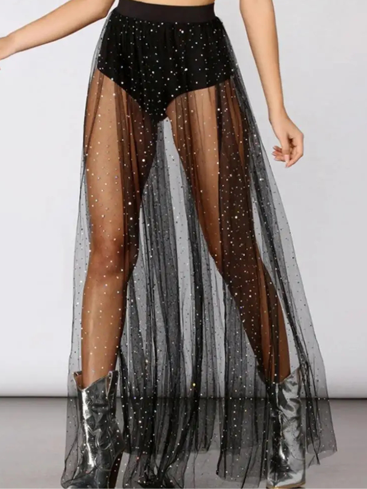 Stella Glam Sheer Black Maxi Skirt