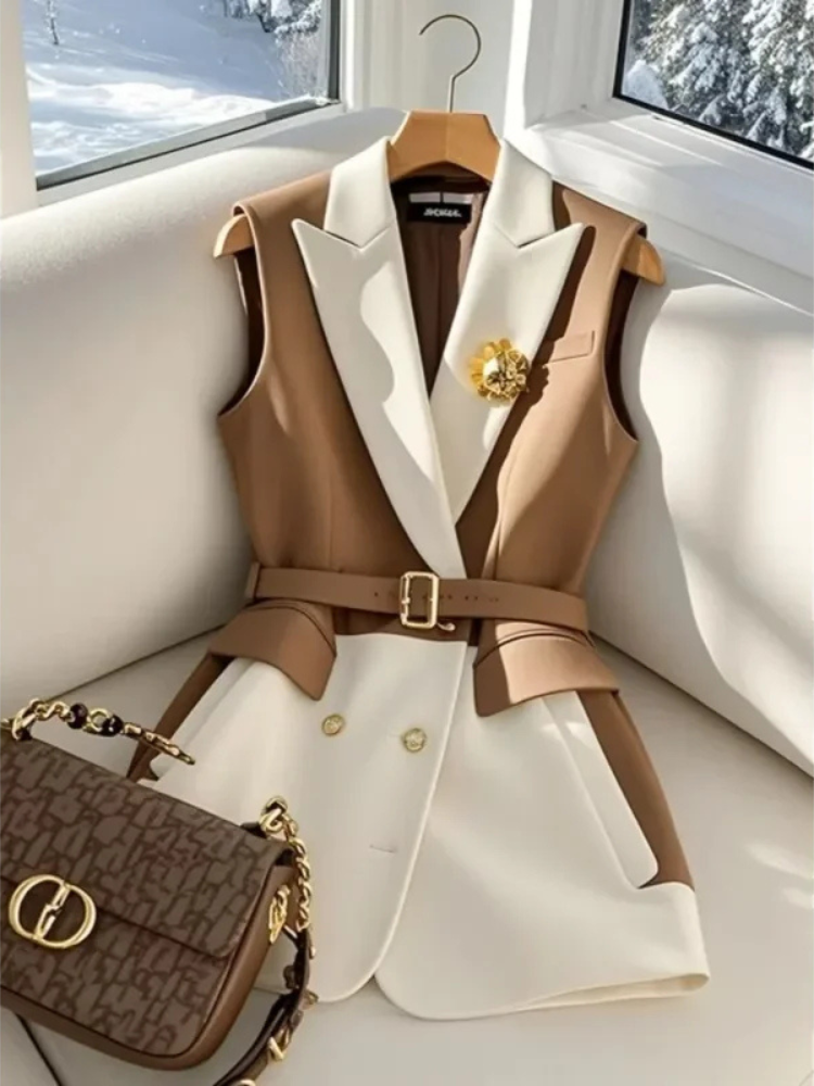 Addison Elegant Two-Tone Sleeveless Belted Blazer