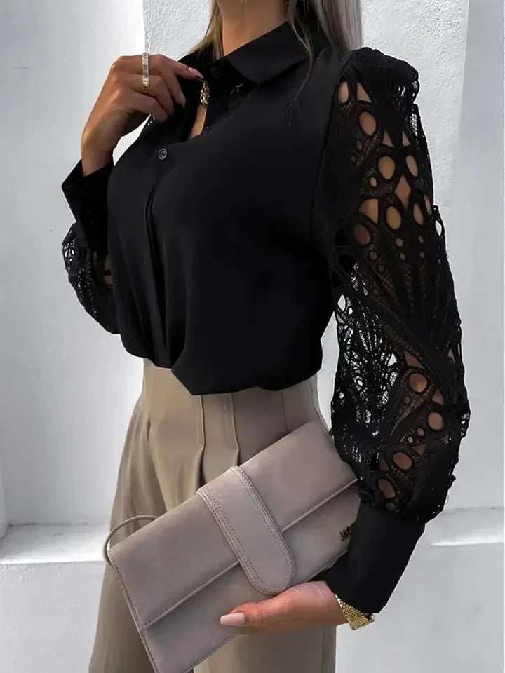 Beth Satin Blouse with Lace Statement Sleeves
