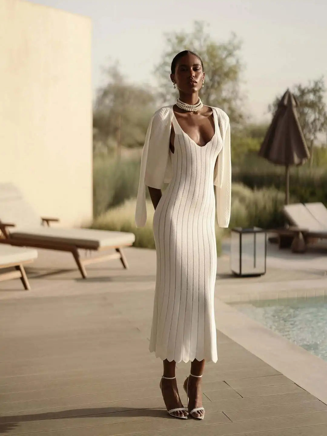 Dion White Ribbed Knit Midi Dress