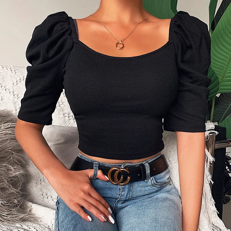 Havin Bold Puff Sleeve Ribbed Top