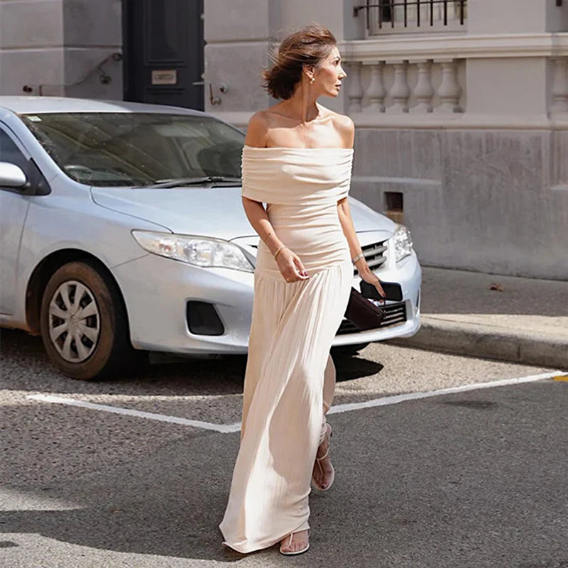 Kim Off-Shoulder Pleated Maxi Dress in Cream