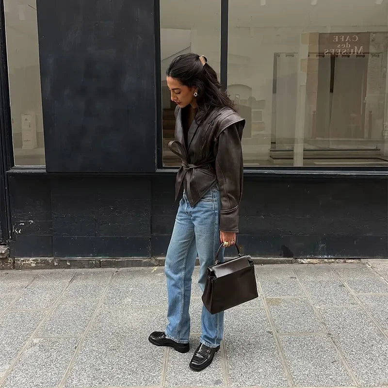 Gisele Cinch-Waist Leather Statement Jacket