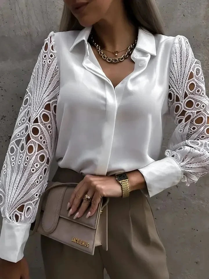 Beth Satin Blouse with Lace Statement Sleeves