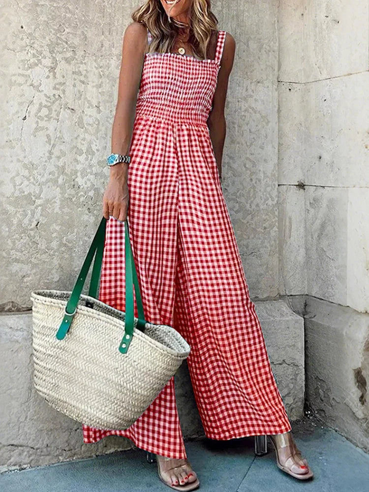 Gingham Smocked Wide-Leg Jumpsuit