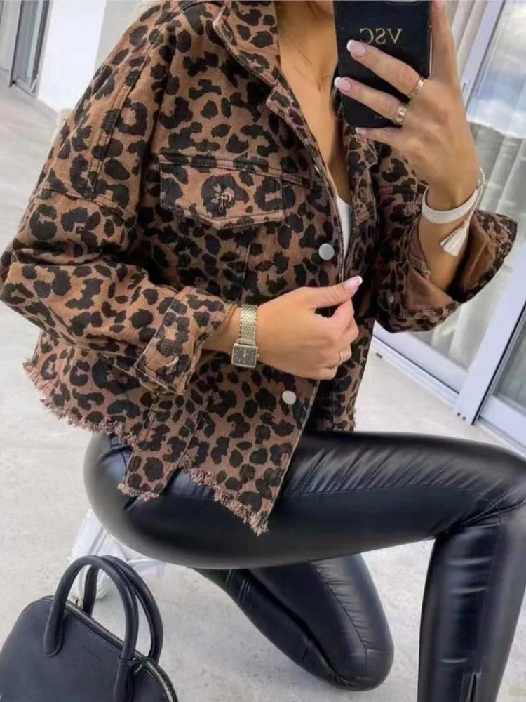 Noemi Leopard Print Distressed Denim Jacket