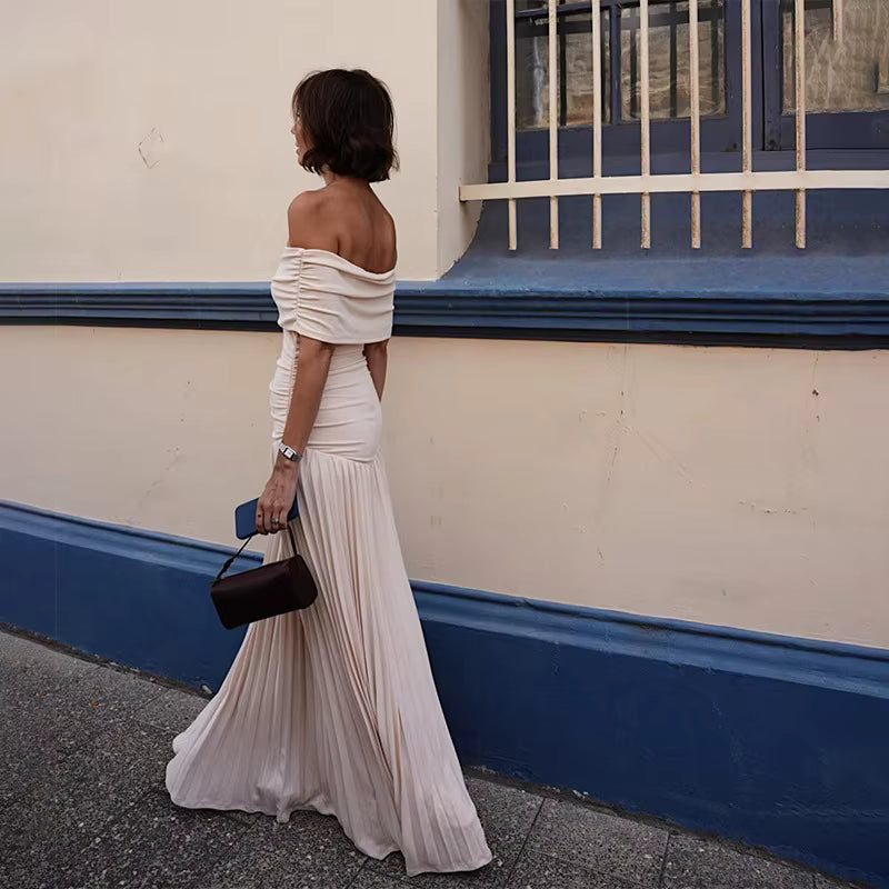 Kim Off-Shoulder Pleated Maxi Dress in Cream