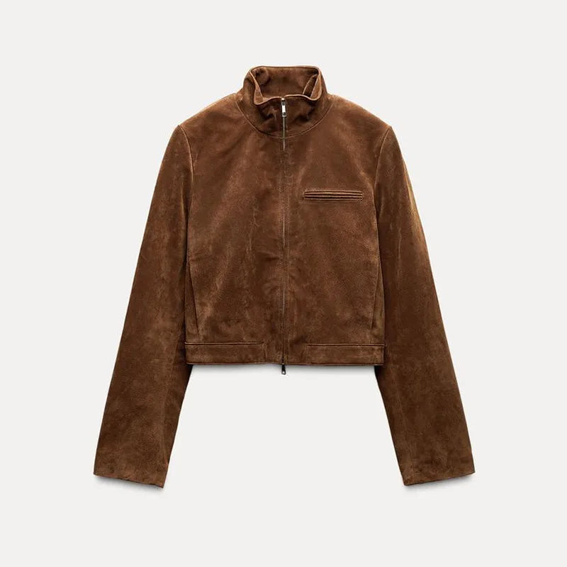 VelvaCore™ Faux Suede Cropped Jacket – Soft Retro Streetwear