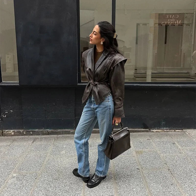 Gisele Cinch-Waist Leather Statement Jacket