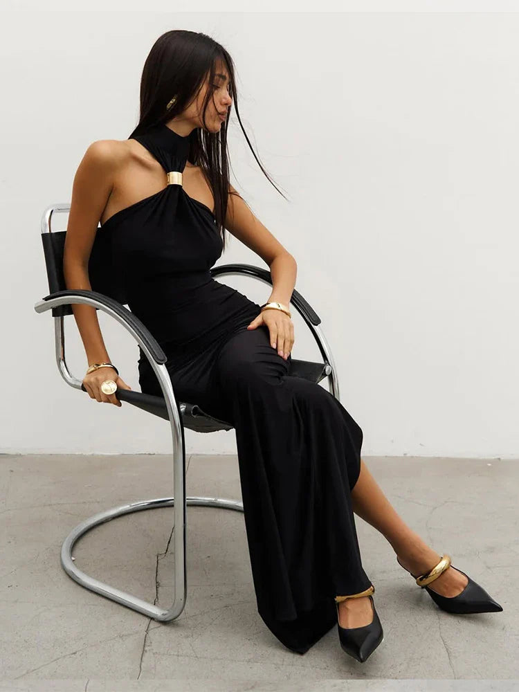 Stefanie Elegant Black Halter Neck Evening Gown