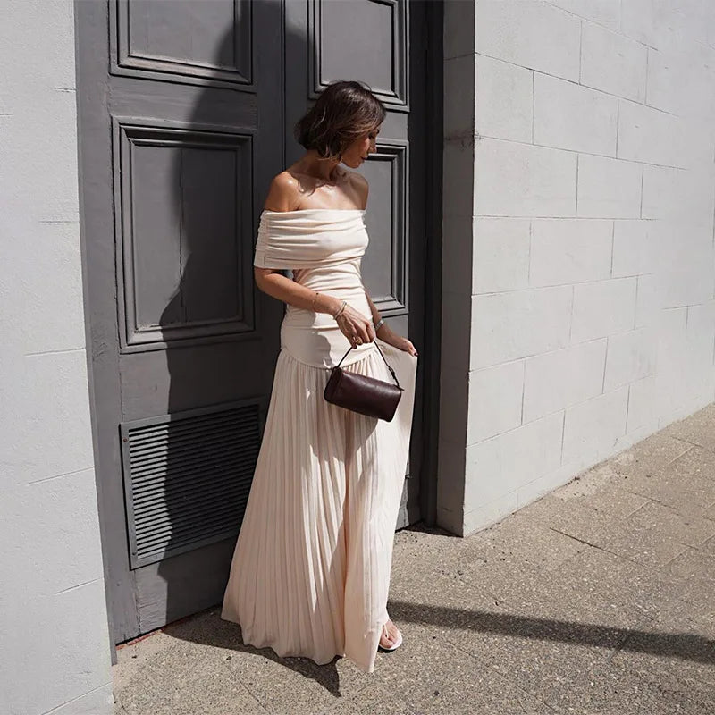 Kim Off-Shoulder Pleated Maxi Dress in Cream
