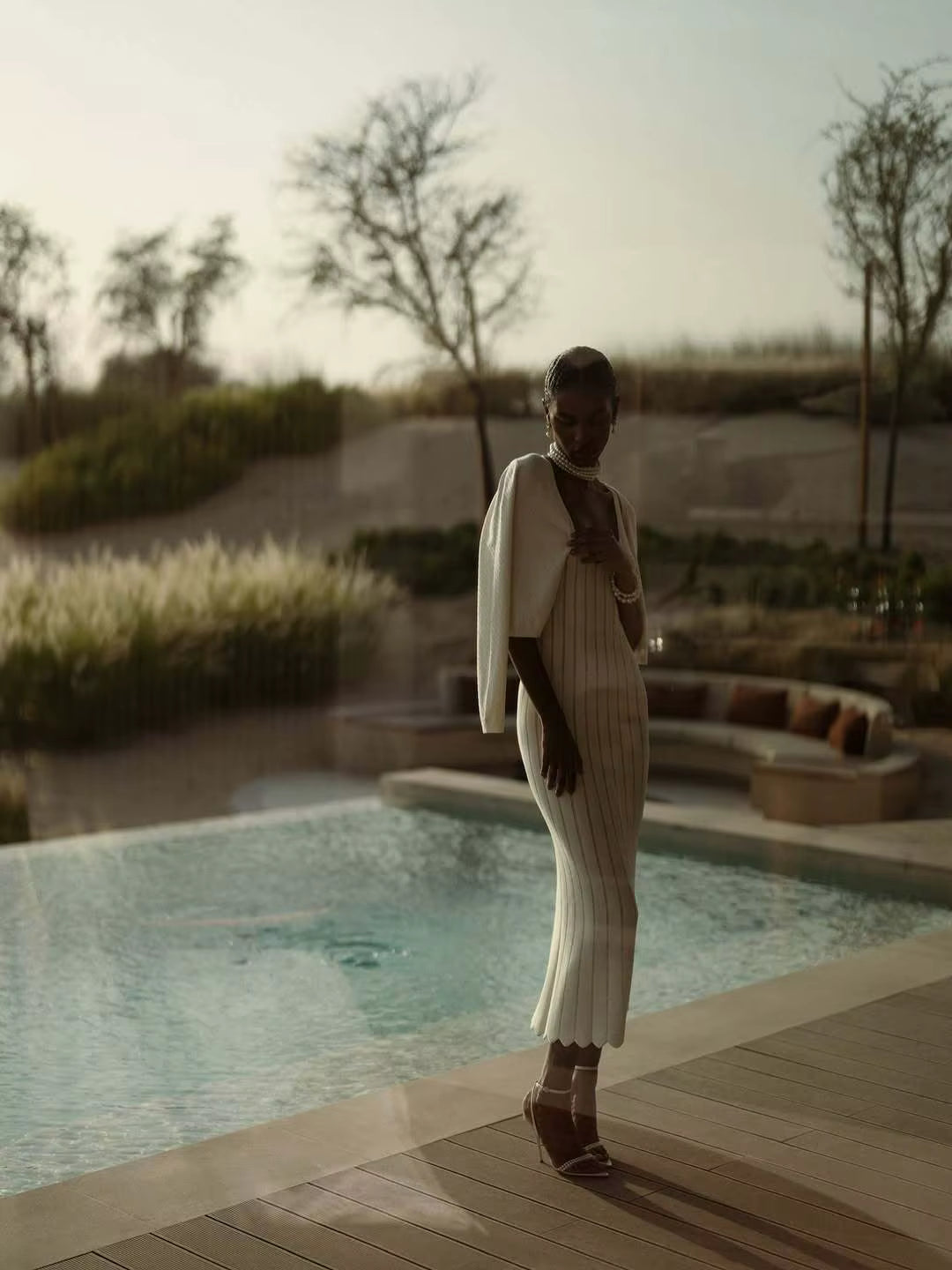 Dion White Ribbed Knit Midi Dress