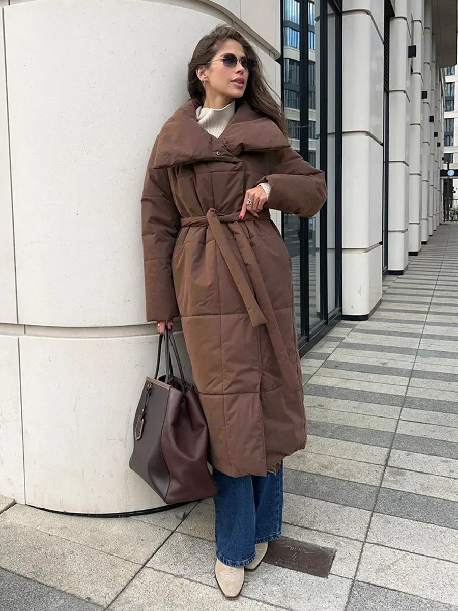 Kendra Belted Puffer Coat with Oversized Collar