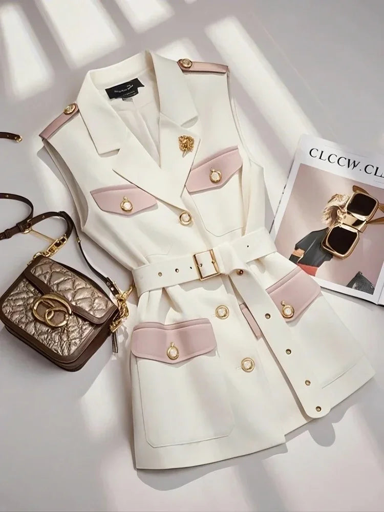 Addison Elegant Two-Tone Sleeveless Belted Blazer