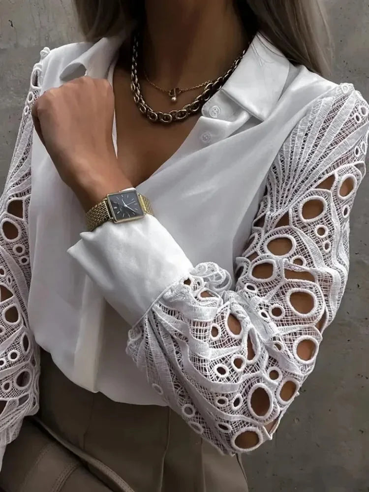 Beth Satin Blouse with Lace Statement Sleeves