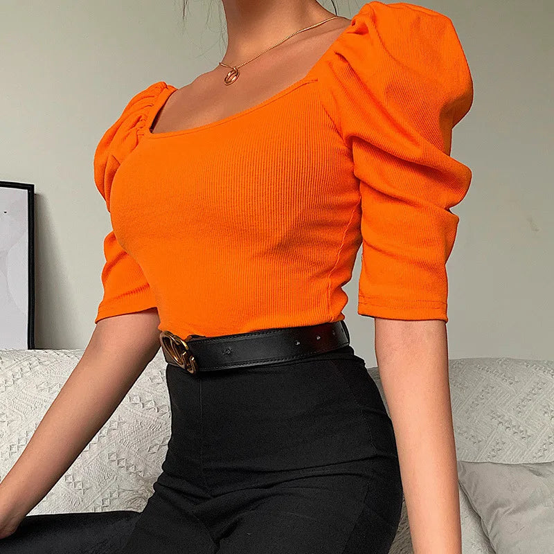 Havin Bold Puff Sleeve Ribbed Top