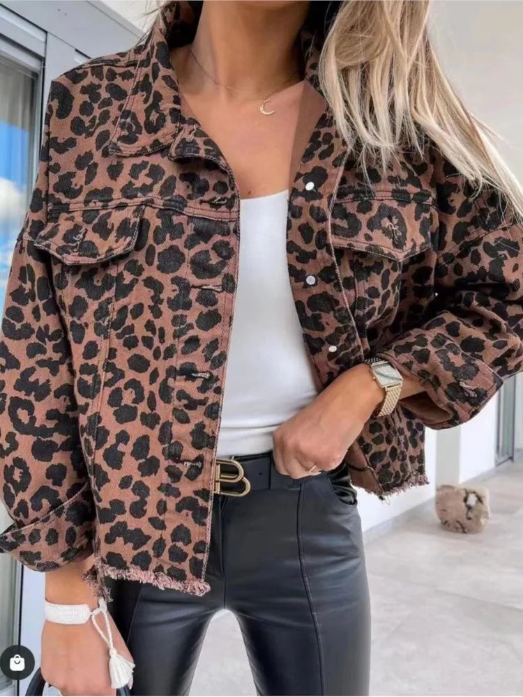 Noemi Leopard Print Distressed Denim Jacket