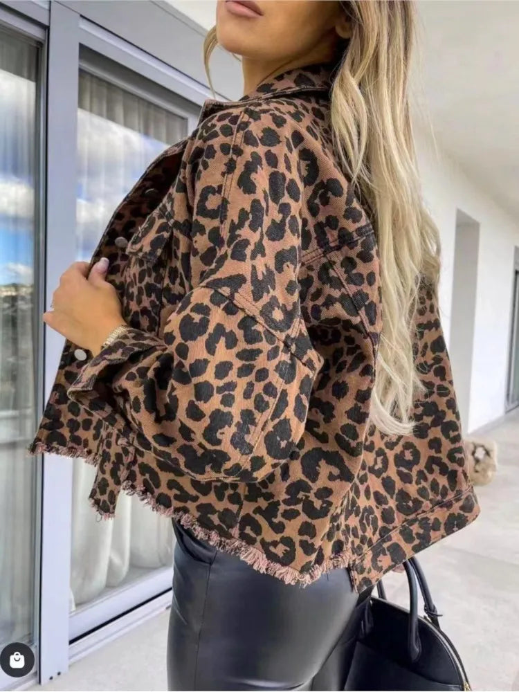 Noemi Leopard Print Distressed Denim Jacket